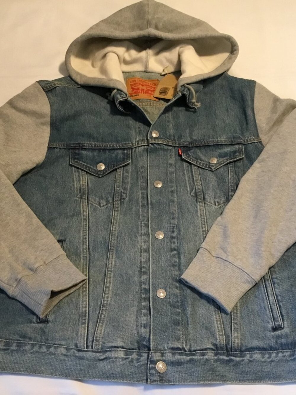 NWT Levis Trucker Gray Sweatshirt Hoodie & Sleeves Denim Snap Front Jacket XL